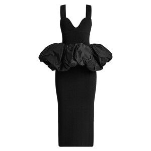 Herve Leger Puff-Peplum Midi-Dress Sleeveless Wide Straps Back-Zip Closure